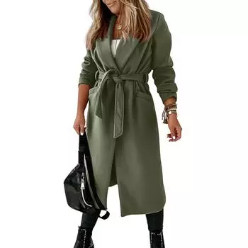 Женское длинное шерстяное женское пальто с застежкой на талии L армия зеленый