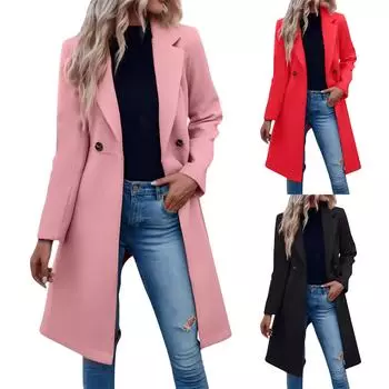 Женское длинное шерстяное женское пальто с завязками на талии и двойной пряжкой L чёрный