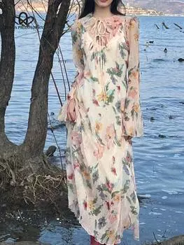 Женское длинное шифоновое платье с винтажным принтом и внутренним платьем, халат Ete, роскошные вечерние платья, свадебное платье Vestiti Da Sposa S бежевый