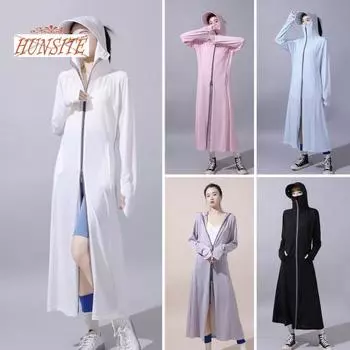 Женское длинное солнцезащитное пальто с капюшоном и длинными рукавами, защита от УФ-лучей, мягкое дышащее тонкое ледяное шелковое пальто на молнии, свободное поглощение пота L чёрный