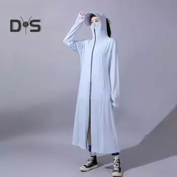 Женское длинное солнцезащитное пальто с капюшоном и длинными рукавами, защита от ультрафиолета, мягкий, дышащий, тонкий ледяной шелк, застежка-молния, свободное впитывание пота L чёрный