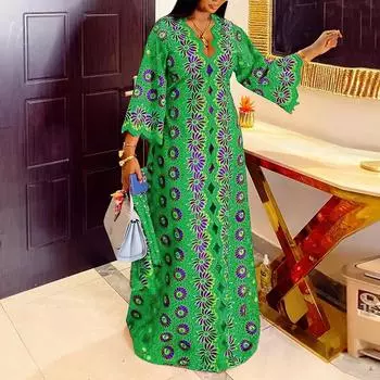 Женское длинное свободное платье больших размеров с V-образным вырезом и длинным рукавом с принтом 4XL зелёный