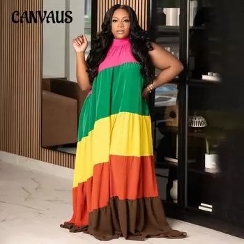 Женское длинное свободное платье большого размера в стиле пэчворк с яркими цветами без рукавов 1XL разноцветный