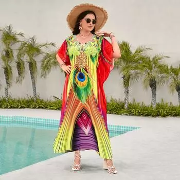 Женское длинное свободное платье с винтажным принтом, повседневное пляжное бикини, халаты с v-образным вырезом и разрезом на подоле, защита от солнца, дышащее легкое пляжное платье для отпуска one size