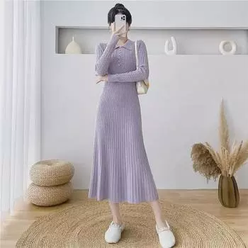 Женское длинное трикотажное платье-свитер А-силуэта во французском стиле 2024 года