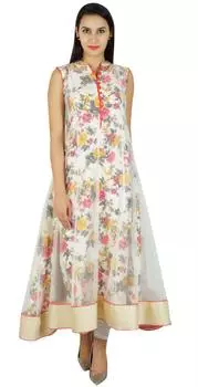 Женское длинное вечернее платье Bimba с цветочным принтом и цветочным принтом, Kurta Dupion, шелк и сетка, Курти 10 белый