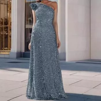 Женское длинное вечернее платье с блестками и косым плечом, без рукавов и открытой спиной, серебристое платье-халат S серебряный