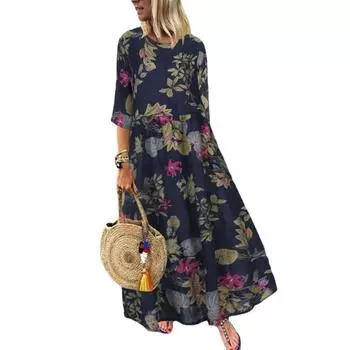 Женское длинное винтажное богемное платье с плиссированными рукавами и принтом на талии S