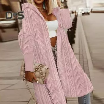 Женское длинное вязаное пальто осень-зима с капюшоном и длинными рукавами, жаккардовая текстура, свитер длиной до колена, кардиган, свободная верхняя одежда L бежевый