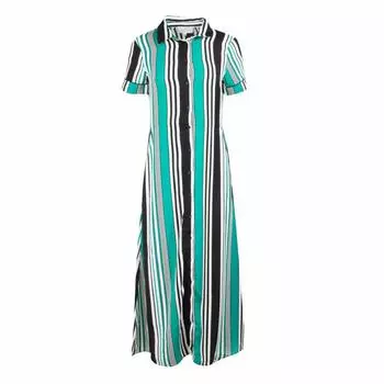 Женское длинное зеленое платье-свистун в полоску с короткими рукавами GRACE & MILA