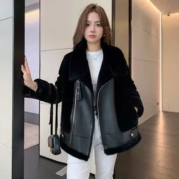 Женское длинное зимнее пальто из меха ягненка и кожи, модное пальто S чёрный