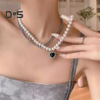 Женское двухслойное ожерелье из искусственного жемчуга с подвеской в форме сердца, колье, ожерелье в стиле хип-хоп, короткое ожерелье, ювелирные аксессуары чёрный
