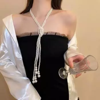 Женское двухслойное ожерелье-свитер с завязками из искусственного жемчуга, длинное ожерелье с подвеской, одежда Dual Layer