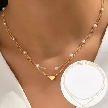 Женское двухслойное жемчужное сердце, кулон-колье, ожерелье в стиле хип-хоп, короткое ожерелье, подарок золотистый