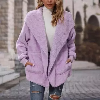Женское двустороннее бархатное повседневное пальто средней длины с капюшоном и длинными рукавами S фиолетовый