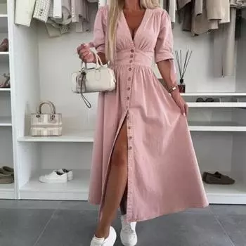 Женское джинсовое длинное платье с V-образным вырезом, коротким рукавом, застегивающимся на пуговицы, макси-платье, повседневное джинсовое платье на весну-лето XL чёрный