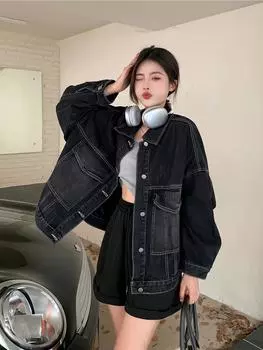 Женское джинсовое пальто из винтажной стираной ткани — с длинными рукавами, неэластичное, однотонное, без принта, воротник с лацканами, осенне-зимний сезон, классический стиль S чёрный