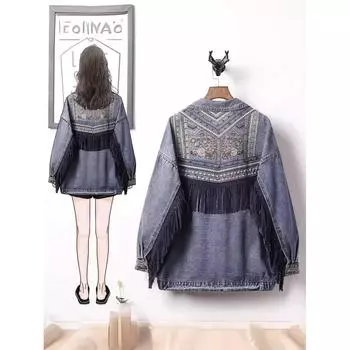 Женское джинсовое пальто с цветочной вышивкой, большие размеры, короткая базовая женская джинсовая куртка, тонкая верхняя одежда с цветочным принтом, большие размеры 5XL синий