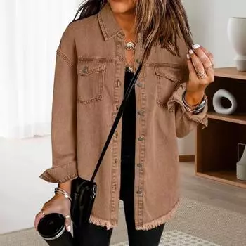 Женское джинсовое пальто с нагрудными карманами, отложным воротником, однобортный, однотонный, свободный кардиган с длинными рукавами и оттертым краем XXL светло-зеленый