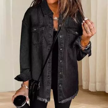 Женское джинсовое пальто с нагрудными карманами, отложным воротником, однобортное, стираное, чистый цвет, потертый край XXL чёрный