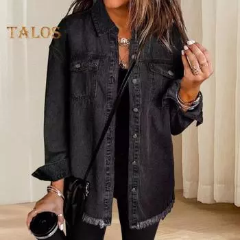 Женское джинсовое пальто с нагрудными карманами, отложным воротником, однобортный, однотонный, свободный кардиган с длинными рукавами и оттертым краем XXL коричневый