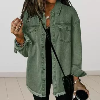 Женское джинсовое пальто Yousheng с нагрудными карманами, отложным воротником, однобортное, однотонное, с оттертым краем, свободный кардиган, длинный рукав, куртка XXL светло-зеленый