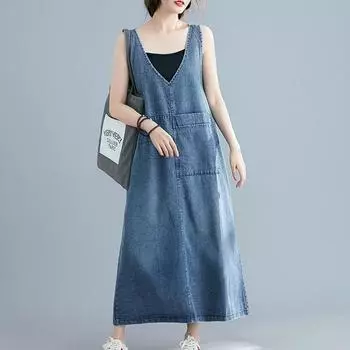 Женское джинсовое платье без рукавов с V-образным вырезом, свободная повседневная юбка средней длины выше колена XXL синий