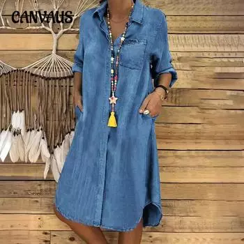 Женское джинсовое платье больших размеров, однотонное повседневное платье