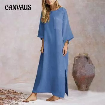 Женское джинсовое платье больших размеров Bohemian Vintage O Neck Extra Long Dresses S синий