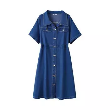Женское джинсовое платье больших размеров, короткое летнее тонкое рабочее платье с воротником-поло 2XL синий