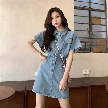 Женское джинсовое платье DIMANAF больших размеров, новинка 2024 года, элегантное платье свободного кроя, базовое синее однотонное платье