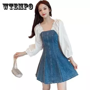 Женское джинсовое платье Юбка трапециевидной формы с пышными рукавами Весна и лето Сексуальная длина выше колена Повседневная одежда Офисные свидания Вечерние S синий