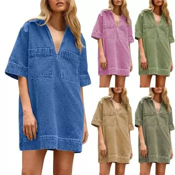 Женское джинсовое платье, летнее свободное джинсовое платье с глубоким V-образным вырезом и половиной рукавов, с карманами L хаки
