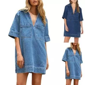 Женское джинсовое платье, летнее свободное джинсовое платье с глубоким V-образным вырезом и половиной рукавов, с карманами L синий