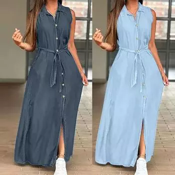 Женское джинсовое платье макси на пуговицах, повседневное джинсовое платье без рукавов с поясом