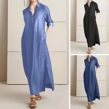 Женское джинсовое платье макси, повседневное платье с рукавами-подворотами и карманами, длинное платье больших размеров с пуговицами на лацканах и V-образным вырезом S светло-синий