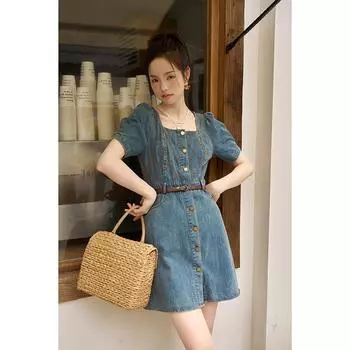 Женское джинсовое платье Mishow, лето 2023, новое модное винтажное свободное платье трапециевидной формы с квадратным воротником и пышными рукавами MXC35L1444 S