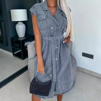 Женское джинсовое платье-рубашка без рукавов с пуговицами на лацканах, джинсовое платье повседневное XL темно-синий