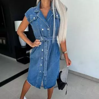 Женское джинсовое платье-рубашка без рукавов с пуговицами на лацканах, джинсовое платье, повседневное летнее платье А-силуэта с завязкой на талии для работы, офиса, вечеринки XL светло-синий