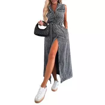 Женское джинсовое платье-рубашка, летнее макси-платье без рукавов на пуговицах с поясом, лацканами, V-образным вырезом, длинное джинсовое платье с карманами L