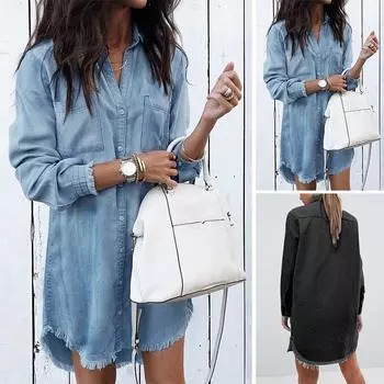 Женское джинсовое платье-рубашка с длинным рукавом, повседневное женское платье с отложным воротником и кисточками, свободная праздничная одежда S чёрный