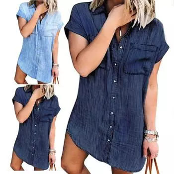 Женская джинсовая рубашка с коротким рукавом - повседневный топ на пуговицах в винтажном стиле, платья-рубашки, потертое джинсовое платье, туника на пуговицах S синий