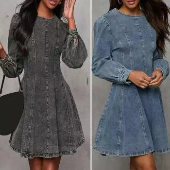 Женское джинсовое платье с длинным рукавом, облегающее мини-джинсовое платье, повседневное с оборками по подолу L чёрный
