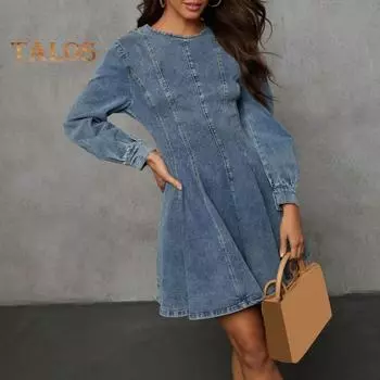 Женское джинсовое платье с длинным рукавом, облегающее мини-джинсовое платье, повседневное платье с оборками на подоле для повседневного отдыха и работы XL синий