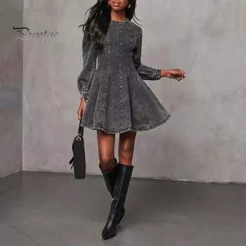 Женское джинсовое платье с длинным рукавом, облегающее мини-джинсовое платье, повседневное платье с оборками на подоле для повседневного отдыха и работы XL синий