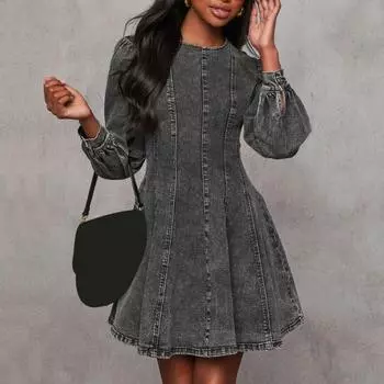 Женское джинсовое платье с длинным рукавом, облегающее мини-джинсовое платье, повседневное платье с оборками на подоле для повседневного отдыха и работы M чёрный