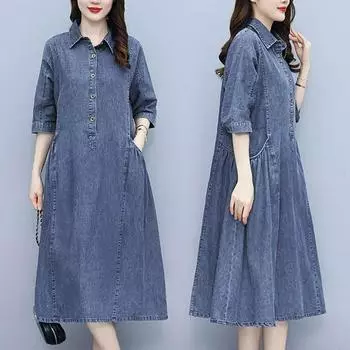 Женское джинсовое платье свободного покроя с большими карманами, свободные длинные платья с капюшоном, летние повседневные ковбойские платья со средним рукавом 5XL XXXXXL синий