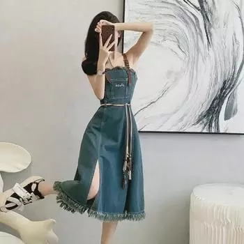 Женское джинсовое платье-труба с высокой талией, весна/лето 2024 года, миди-платье А-силуэта Small синий