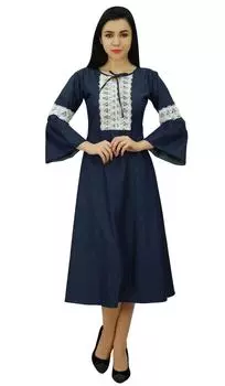 Женское джинсовое платье в стиле ретро Bimba, платье в стиле бохо до середины икры с кружевной деталью 12 синий