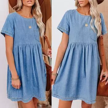 Женское джинсовое синее карманное повседневное летнее струящееся мини-платье с короткими рукавами L синий
